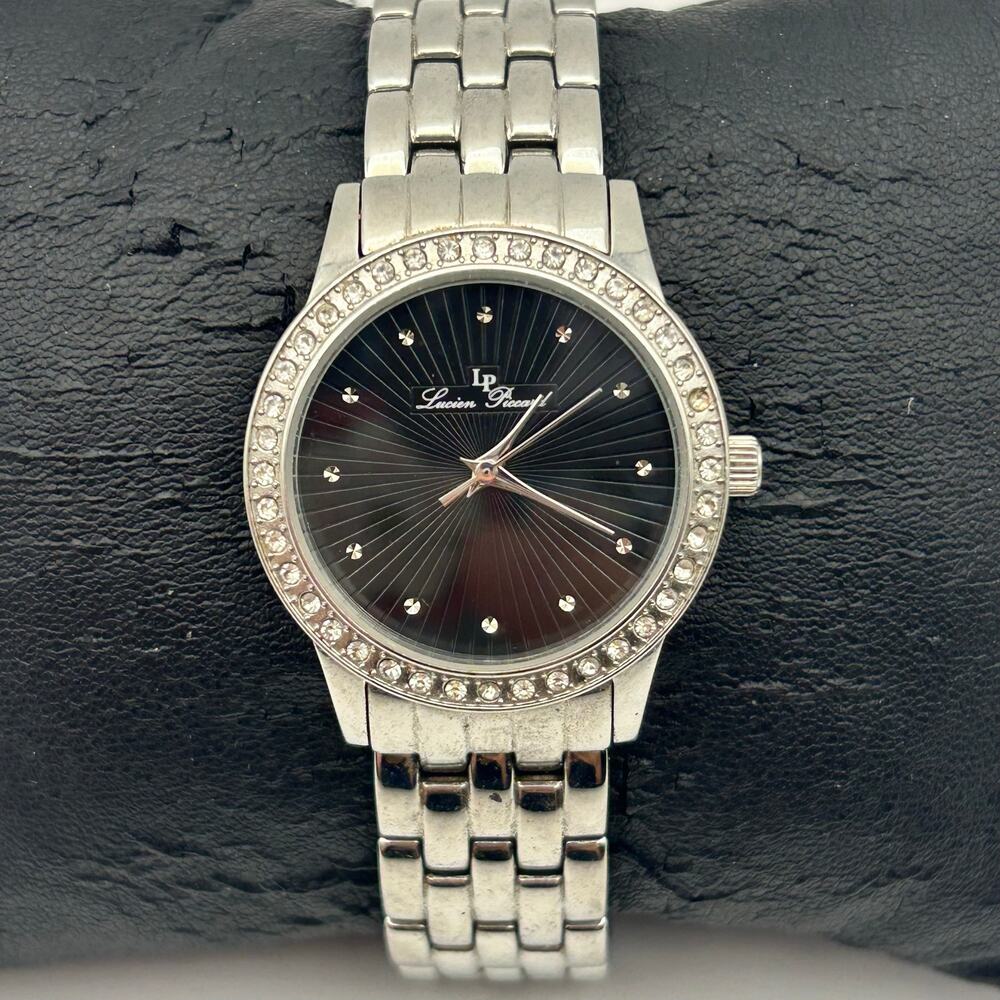 Lucien Piccard LP Women's Silver Tone Crystal Bezel Black Sunburst Dial Watch